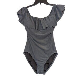 Michael Kors Ruffle One Piece Swimsuit Size 6 Gray Nylon Spandex Blend Womens Sw
